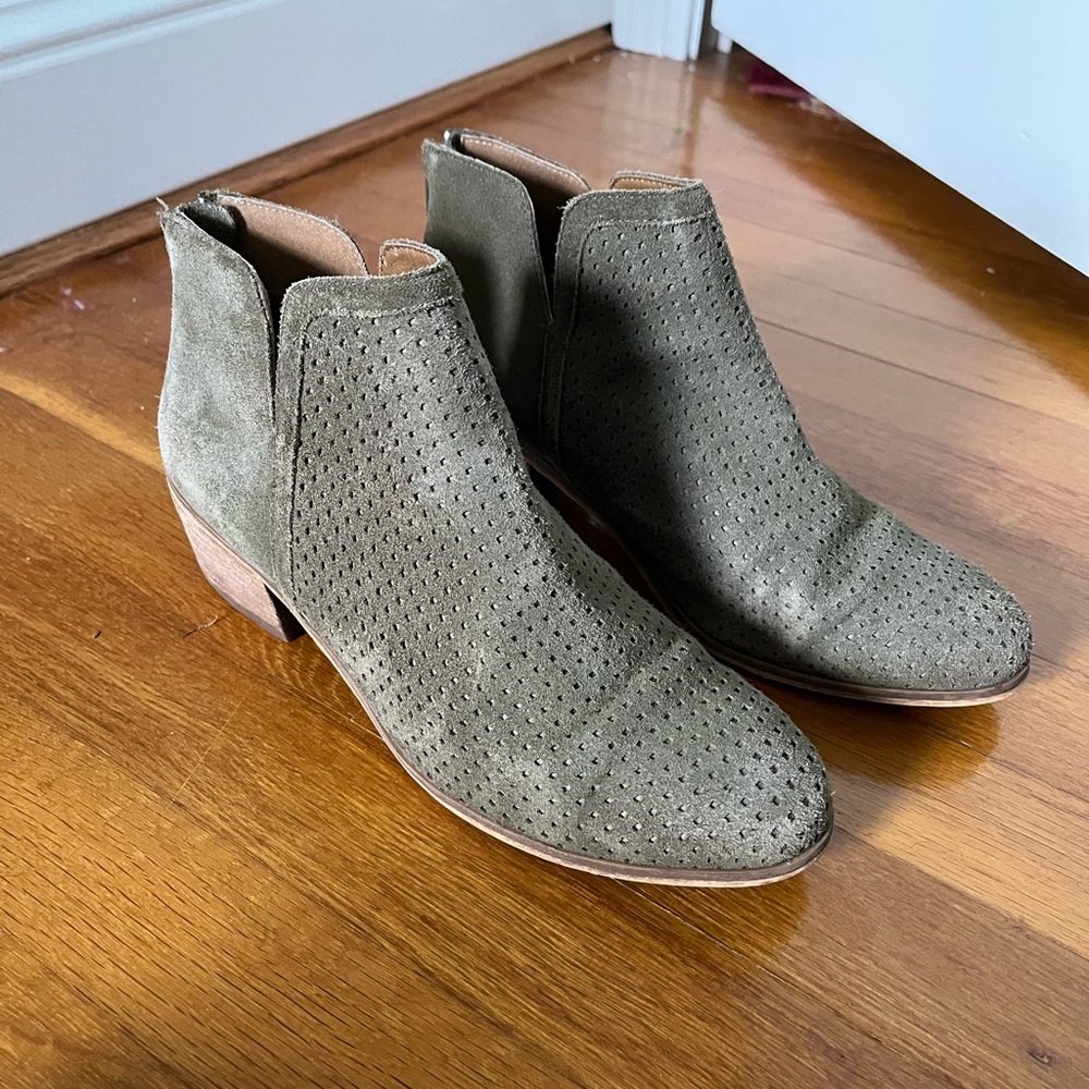 Suede olive green booties, size 8.5